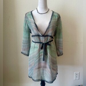 CAbi feminine tunic semi sheer green brown